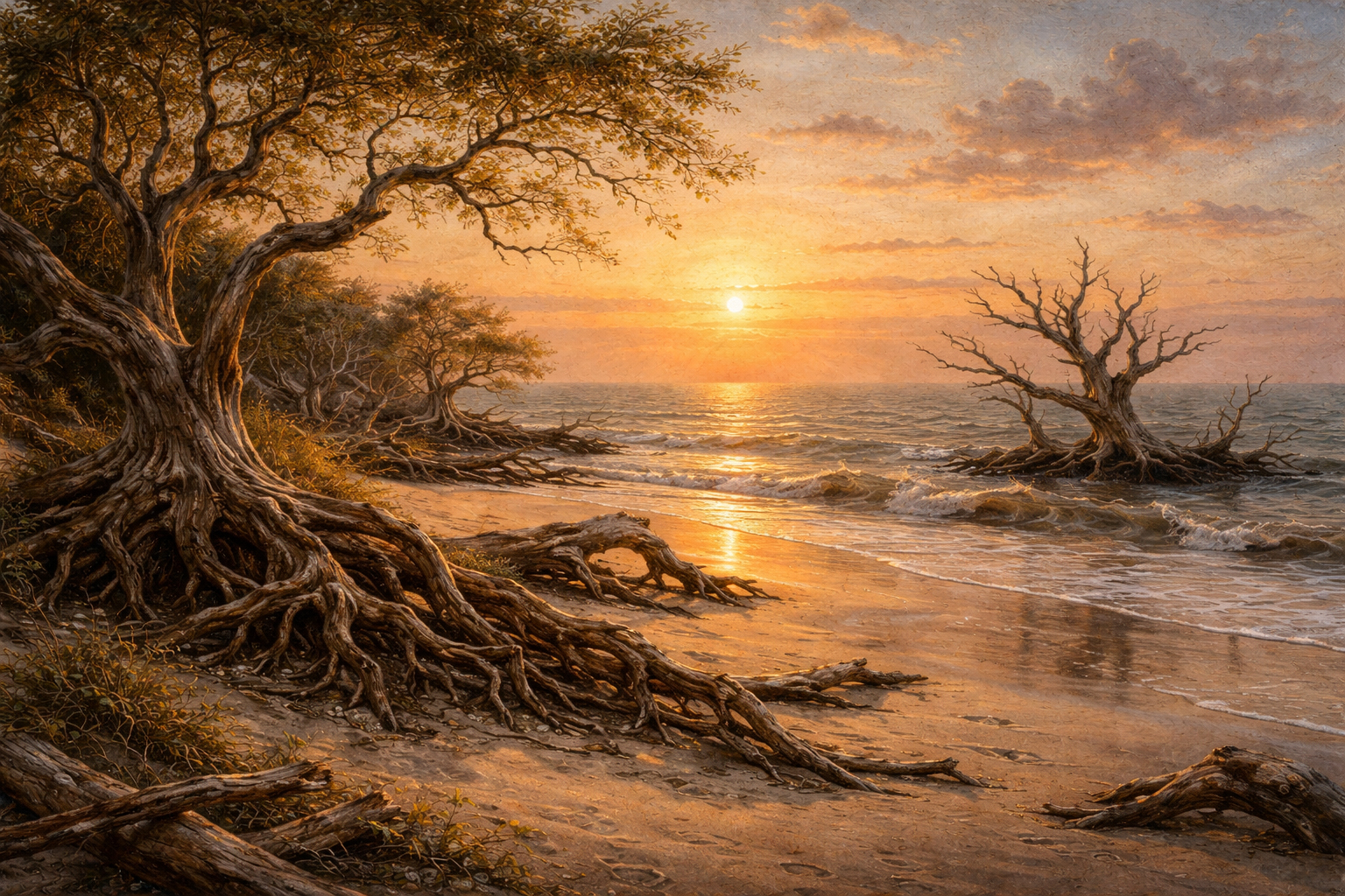 流木が連なる浜辺